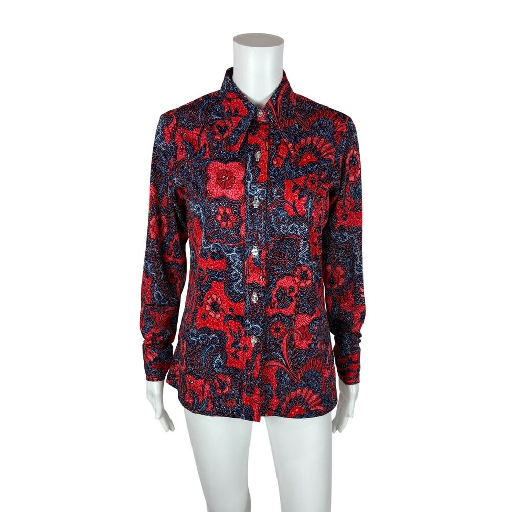 Vintage 70s Button Down Shirt Women's M Red Blue Bandana Print Top Dagger Collar